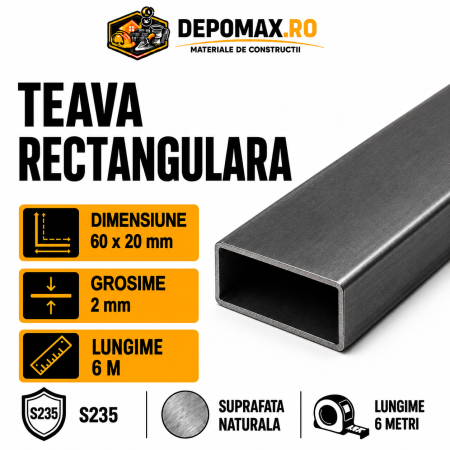 Teava rectangulara 60 x 20 x 2 mm, 6 metri